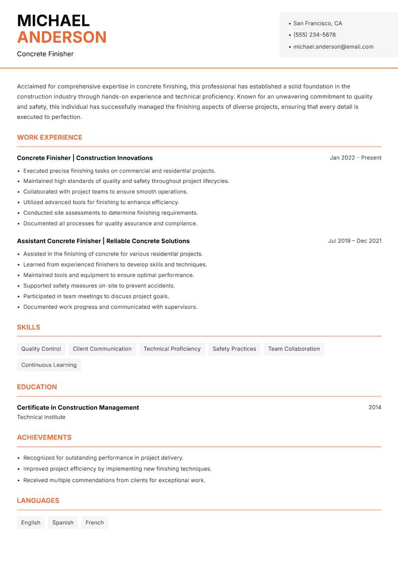 Concrete Finisher resume sample — Concrete Finisher focus