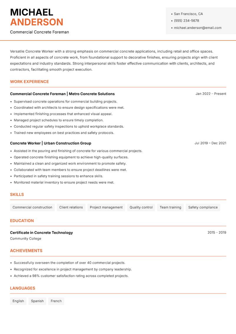 Concrete Worker resume sample — Commercial Concrete Foreman focus