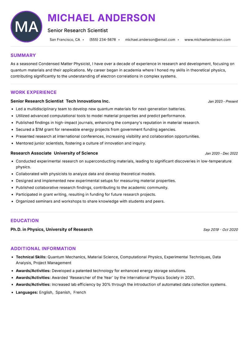 Condensed Matter Physicist resume example