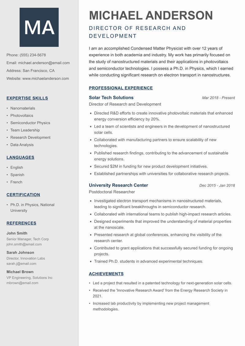 Condensed Matter Physicist resume sample — Director of Research and Development focus
