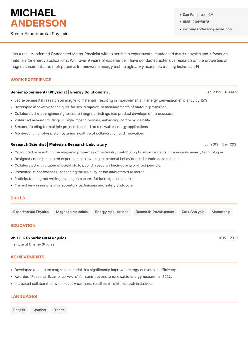 Condensed Matter Physicist resume sample — Senior Experimental Physicist focus