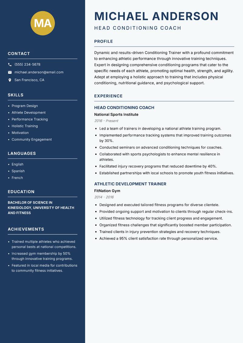 Conditioning Trainer resume sample — Head Conditioning Coach focus