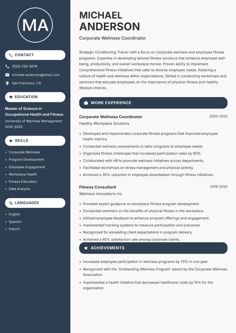 Conditioning Trainer resume sample — Corporate Wellness Coordinator focus