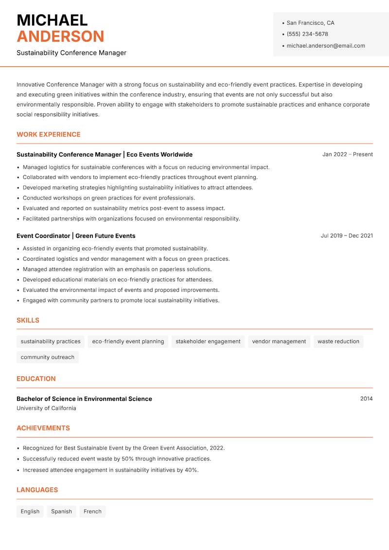 Conference Manager resume sample — Sustainability Conference Manager focus