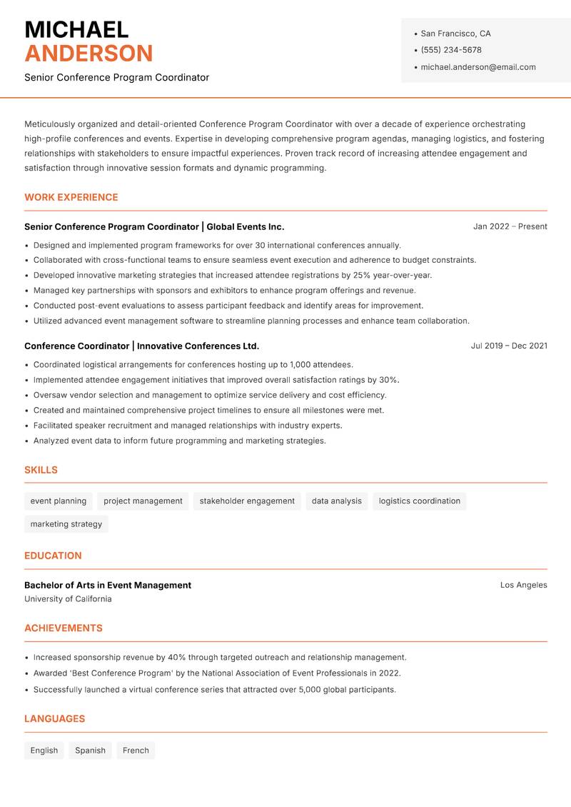 Conference Program Coordinator resume sample — Senior Conference Program Coordinator focus