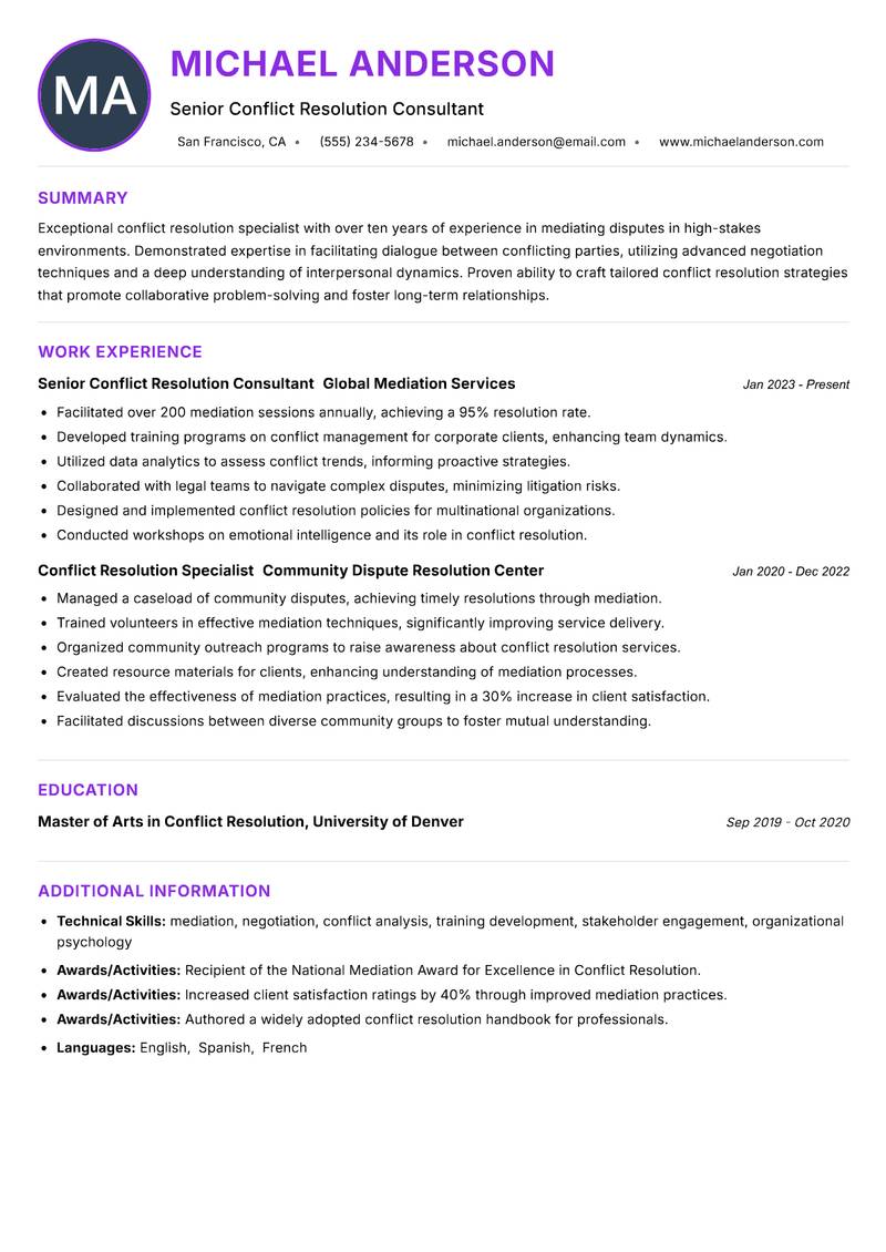 Conflict Resolution Specialist resume example