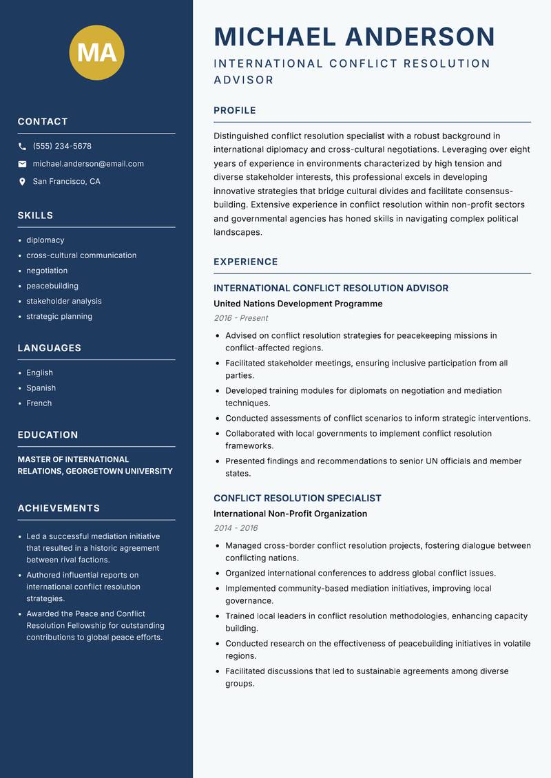 Conflict Resolution Specialist resume sample — International Conflict Resolution Advisor focus