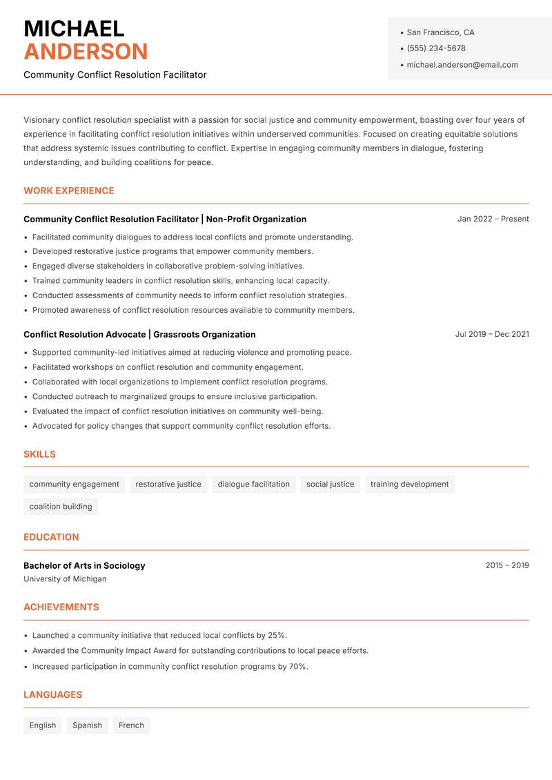 Conflict Resolution Specialist resume sample — Community Conflict Resolution Facilitator focus