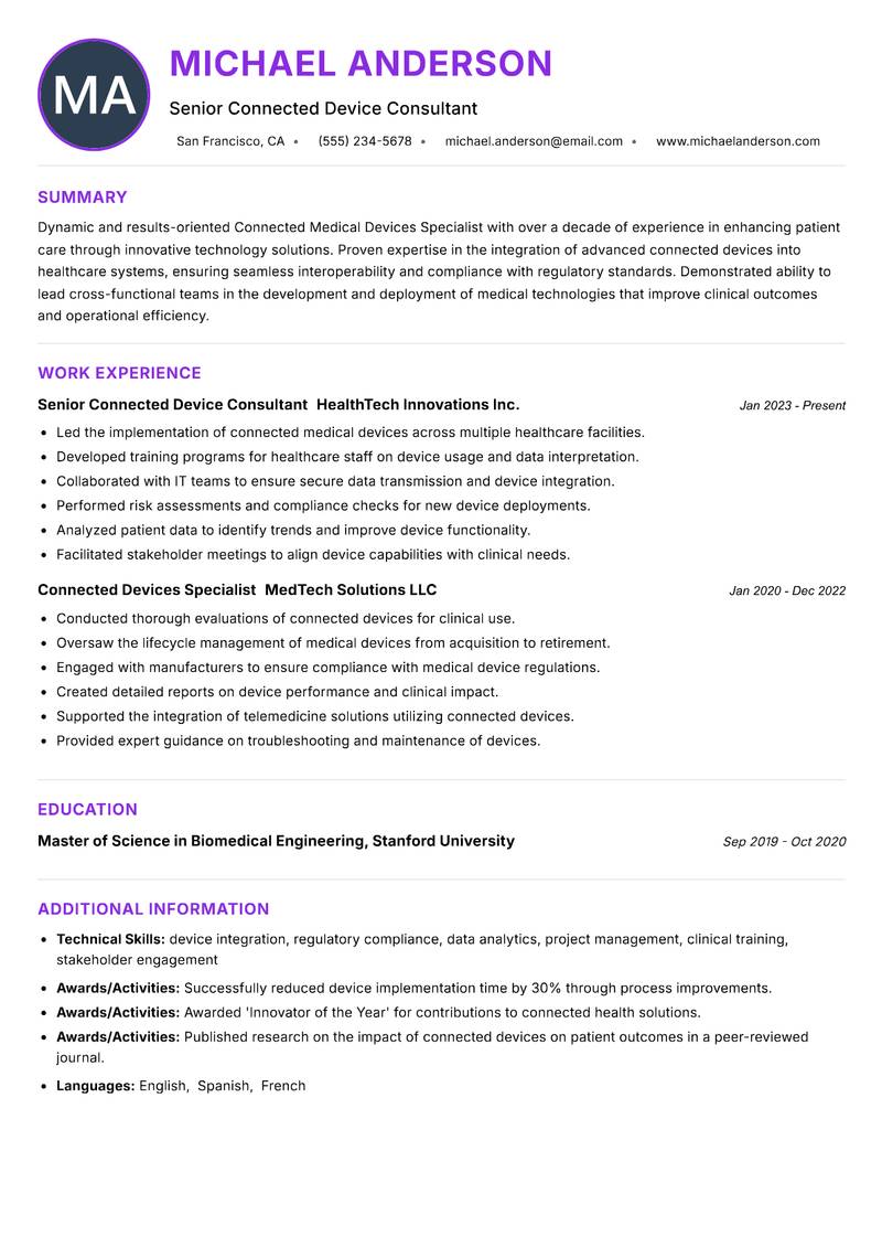 Connected Medical Devices Specialist resume example