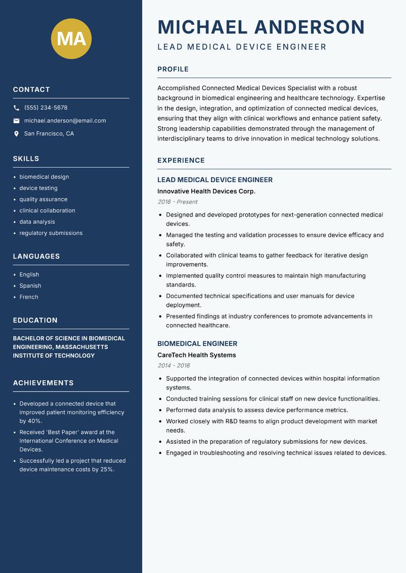 Connected Medical Devices Specialist resume sample — Lead Medical Device Engineer focus