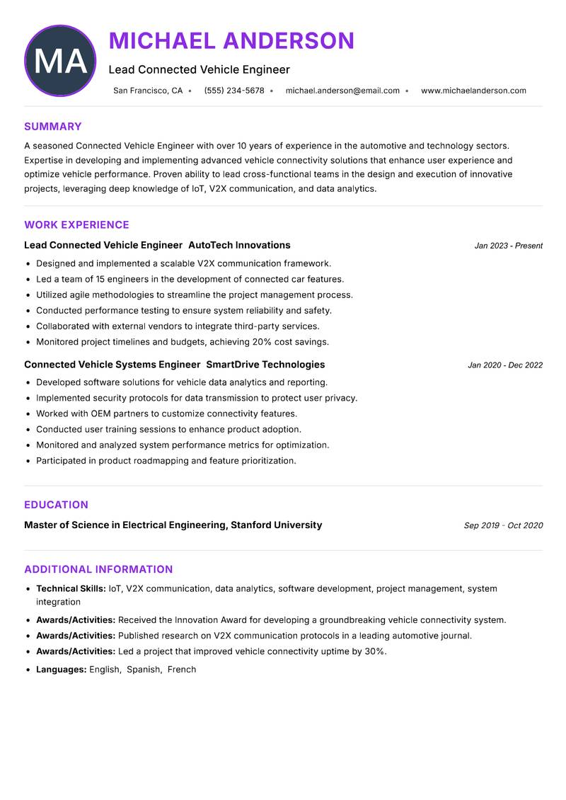 Connected Vehicle Engineer resume example