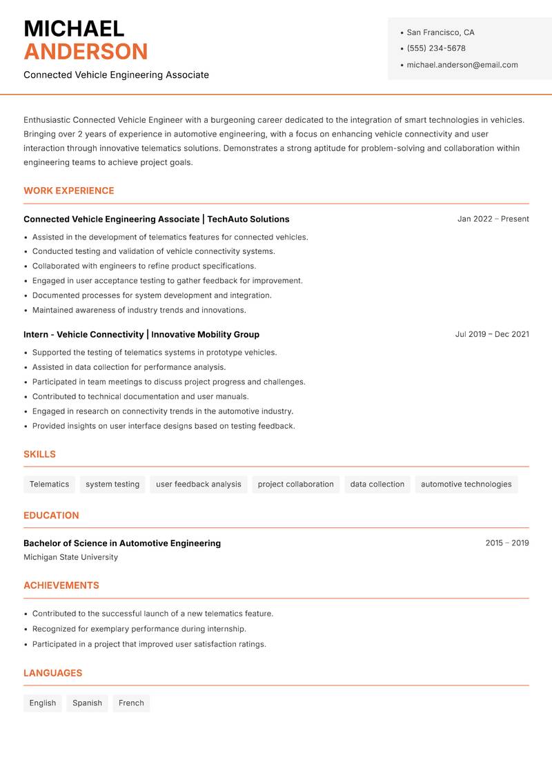 Connected Vehicle Engineer resume sample — Connected Vehicle Engineering Associate focus