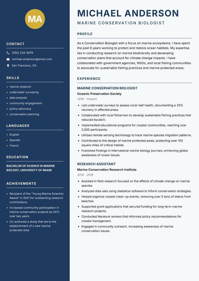 Conservation Biologist resume sample — Marine Conservation Biologist focus