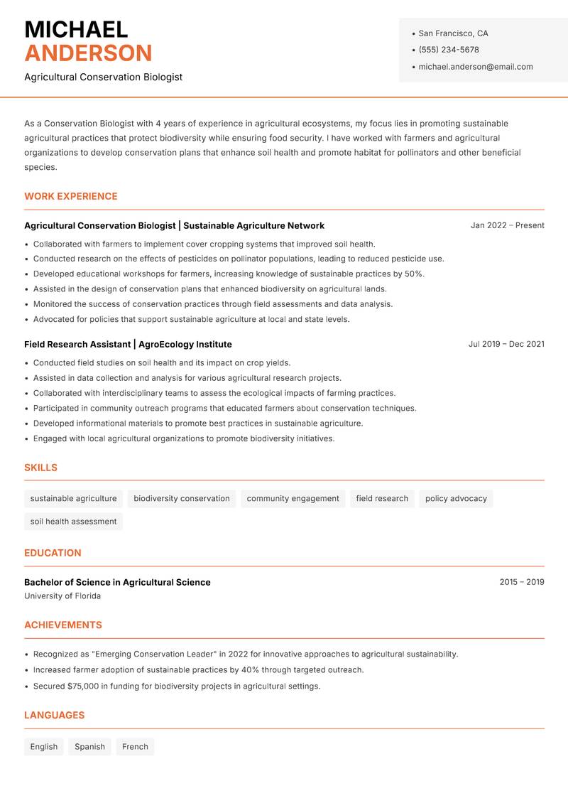 Conservation Biologist resume sample — Agricultural Conservation Biologist focus