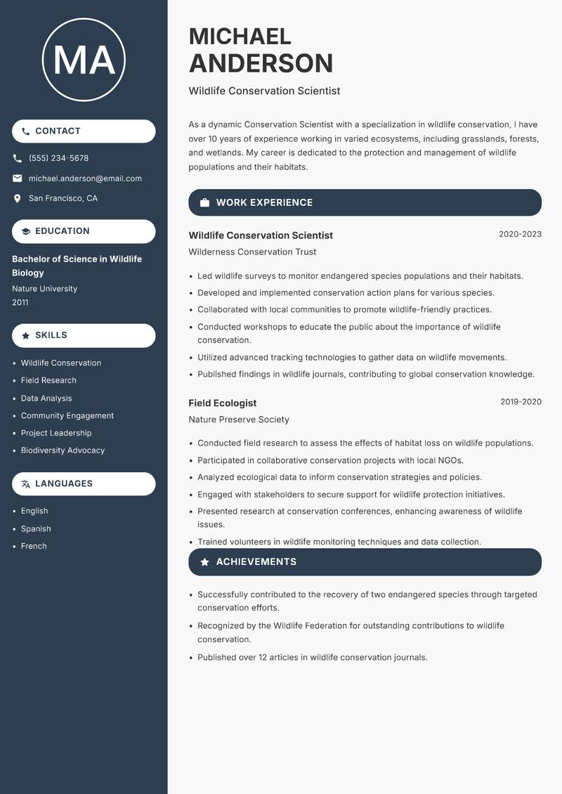 Conservation Scientist resume sample — Wildlife Conservation Scientist focus