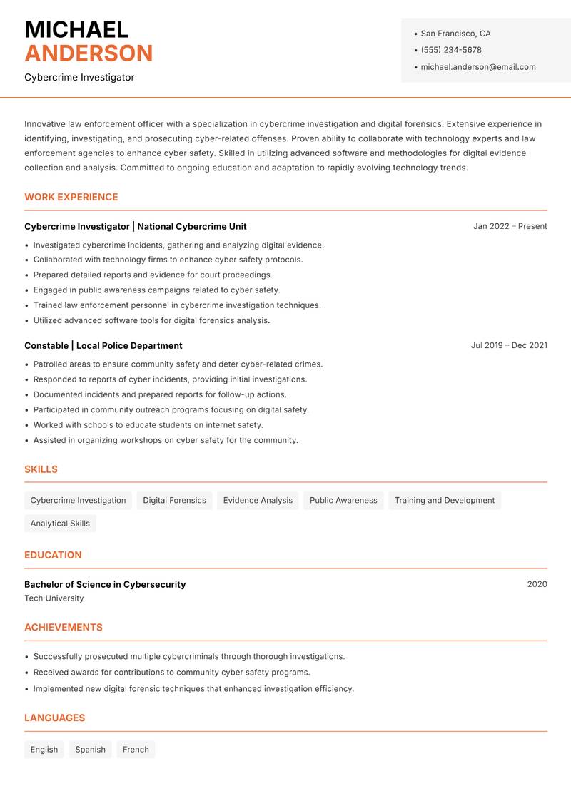 Constable resume sample — Cybercrime Investigator focus