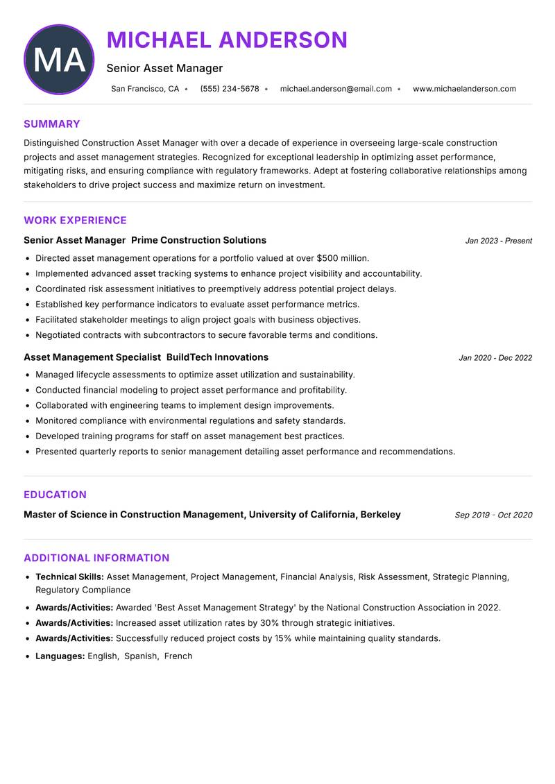 Construction Asset Manager resume example