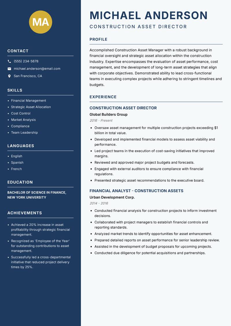 Construction Asset Manager resume sample — Construction Asset Director focus