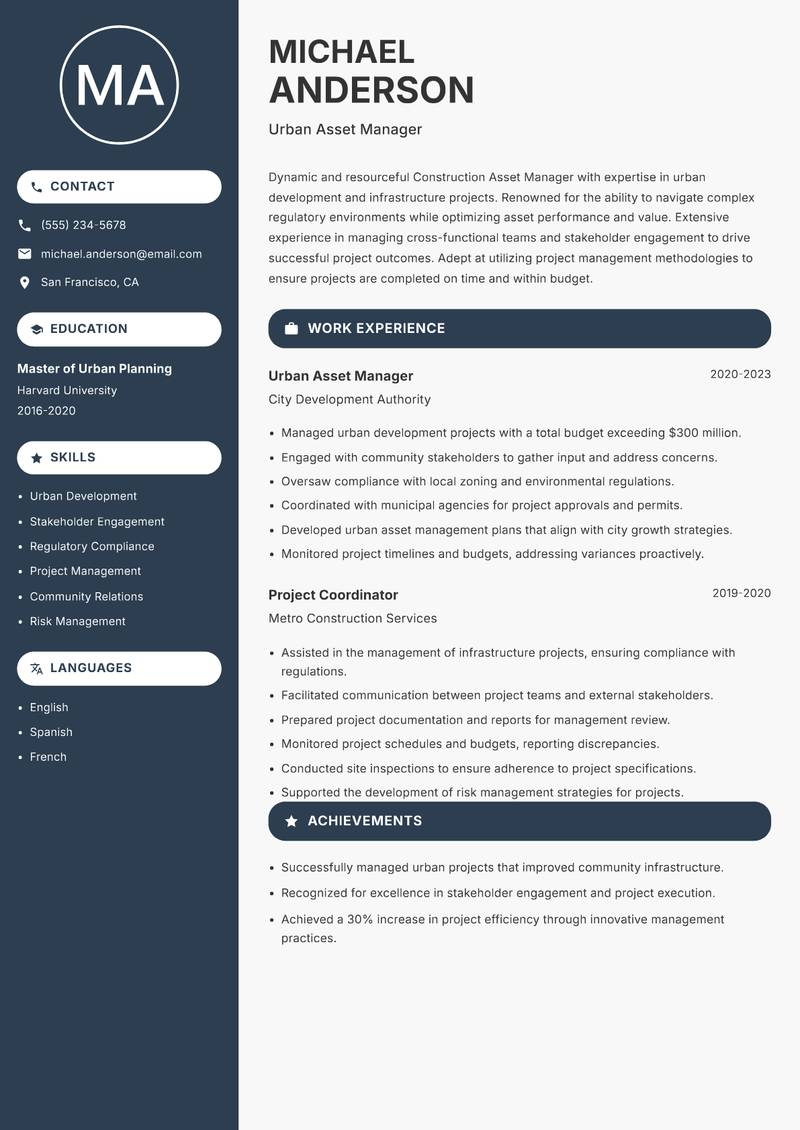 Construction Asset Manager resume sample — Urban Asset Manager focus