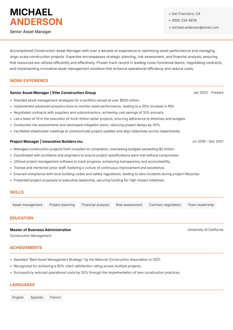 Construction Asset Manager resume sample — Senior Asset Manager focus