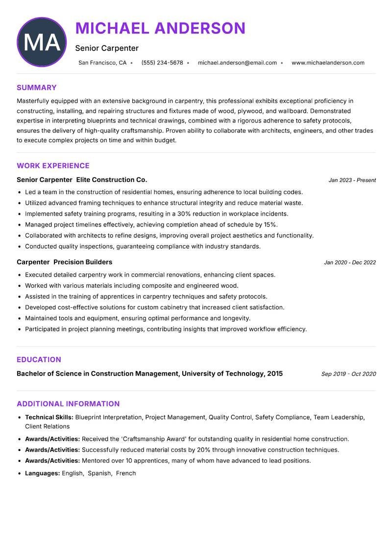 Construction Carpenter resume example