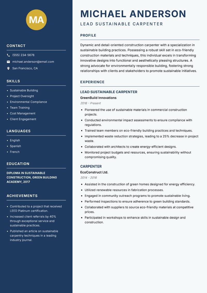 Construction Carpenter resume sample — Lead Sustainable Carpenter focus