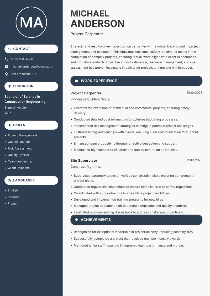 Construction Carpenter resume sample — Project Carpenter focus