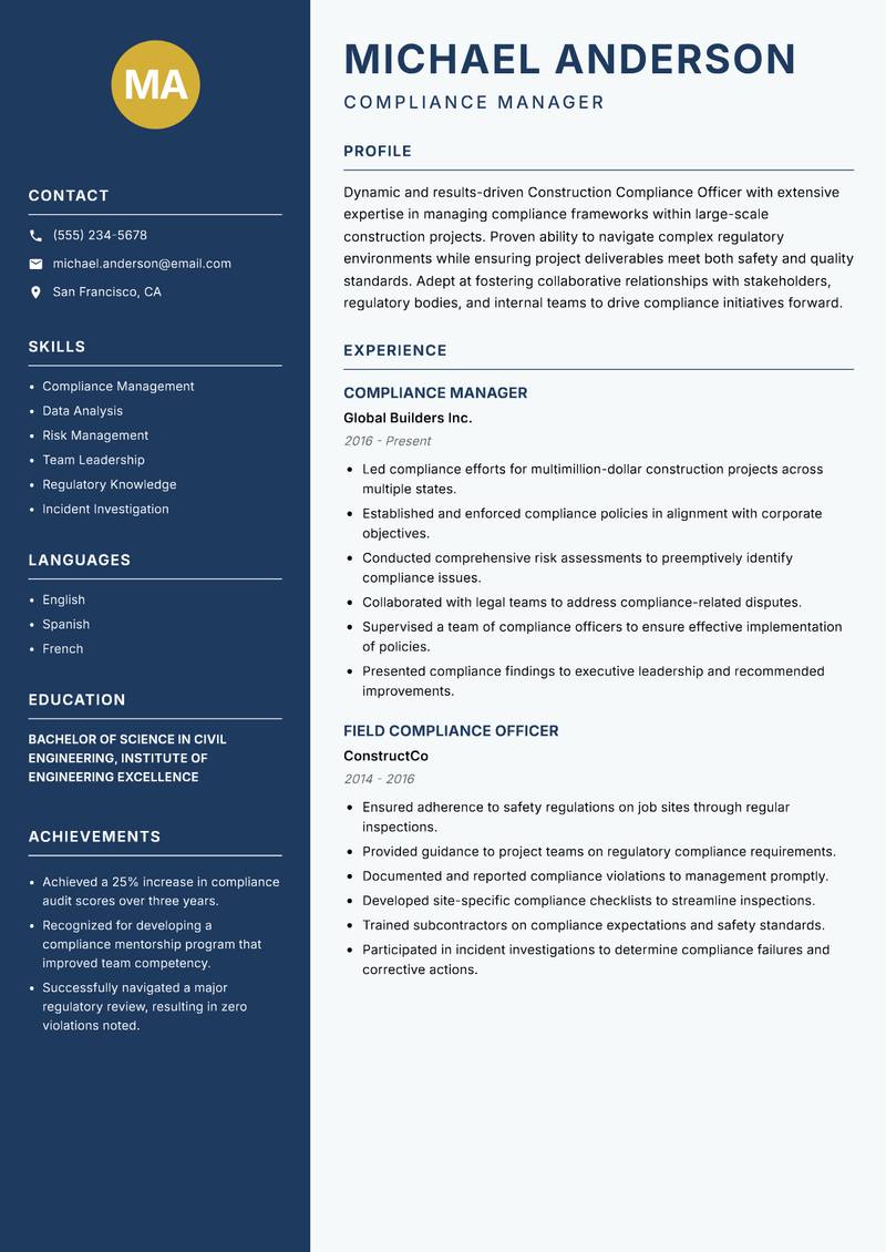 Construction Compliance Officer resume sample — Compliance Manager focus