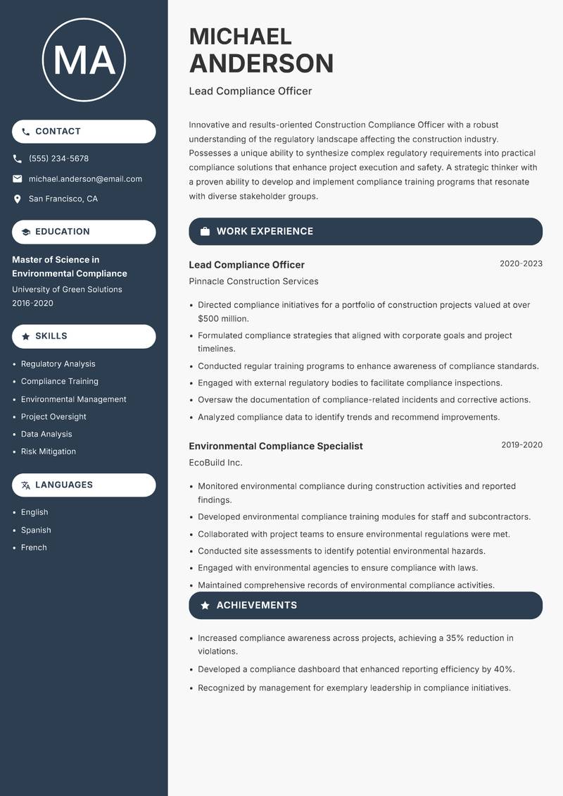 Construction Compliance Officer resume sample — Lead Compliance Officer focus