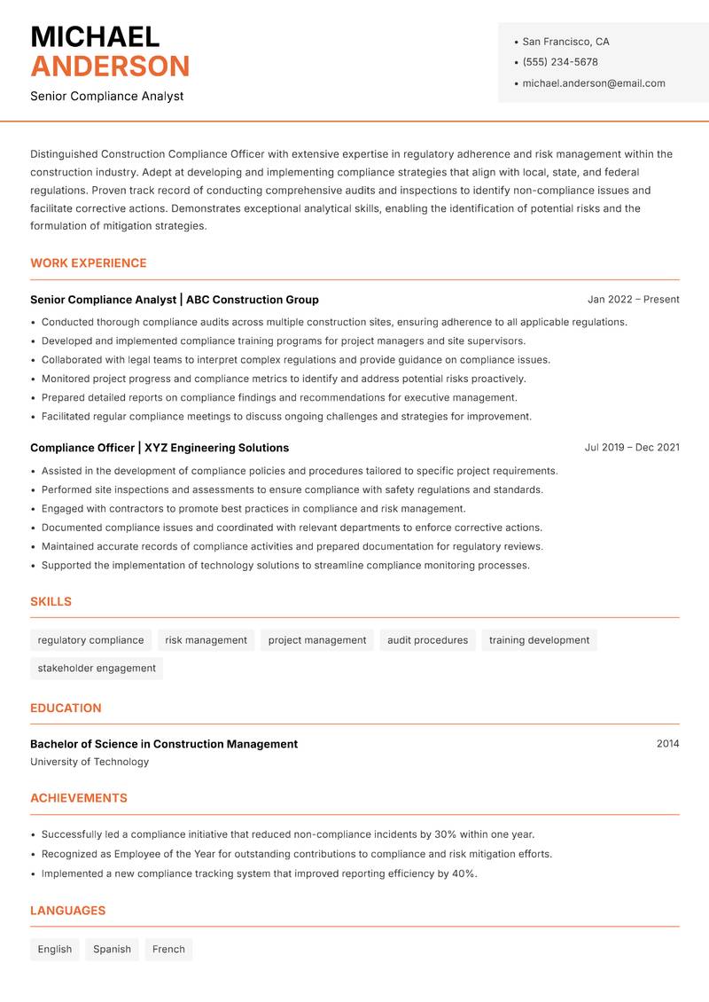 Construction Compliance Officer resume sample — Senior Compliance Analyst focus