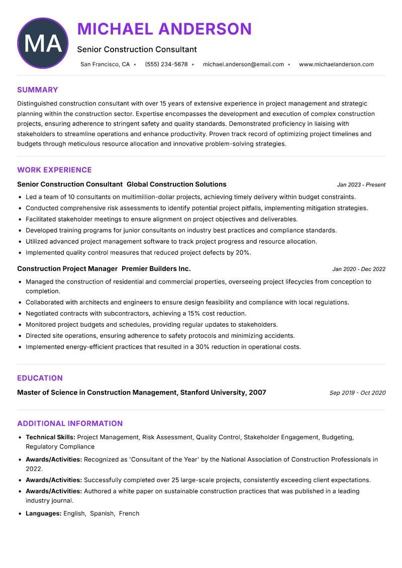 Construction Consultant resume example