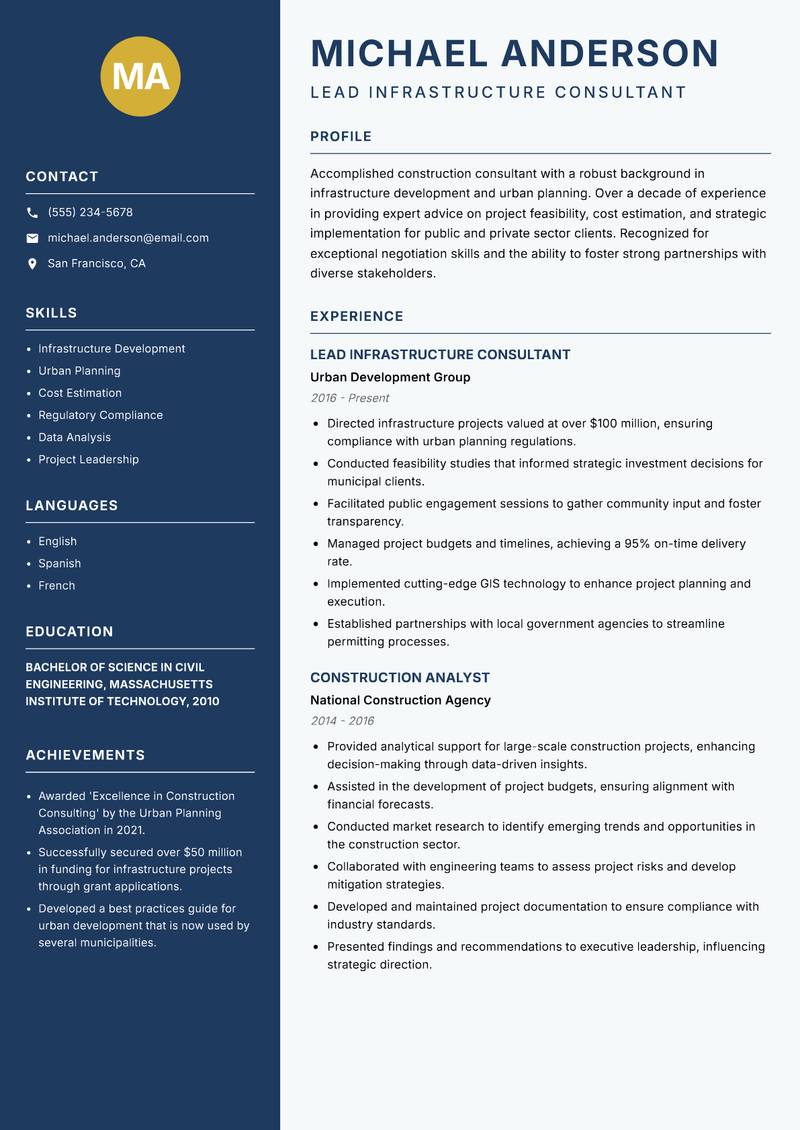 Construction Consultant resume sample — Lead Infrastructure Consultant focus