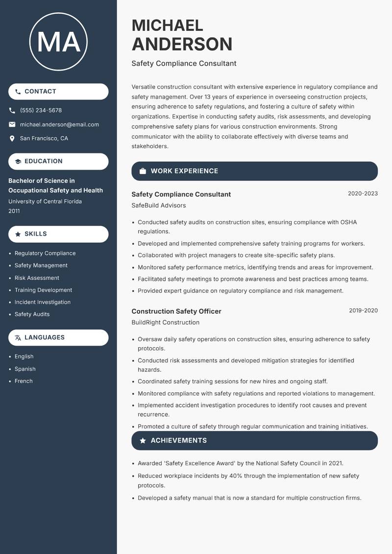 Construction Consultant resume sample — Safety Compliance Consultant focus