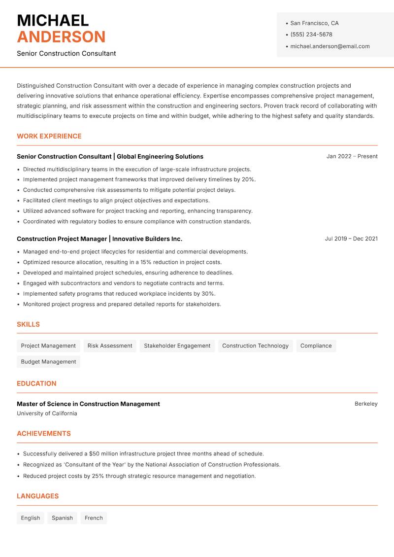 Construction Consultant resume sample — Senior Construction Consultant focus