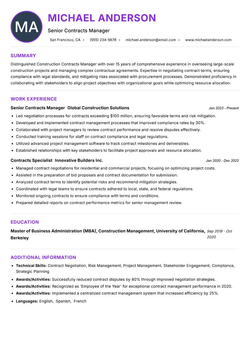 Construction Contracts Manager resume example