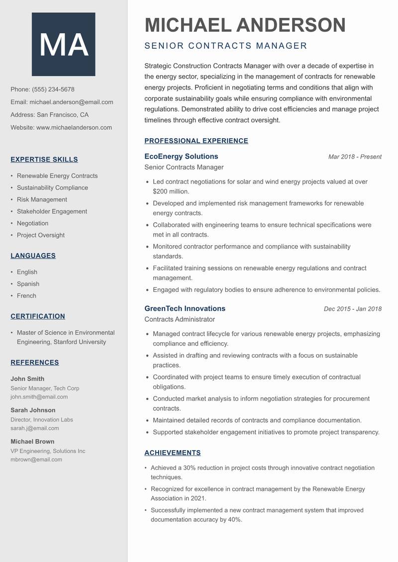 Construction Contracts Manager resume sample — Senior Contracts Manager focus