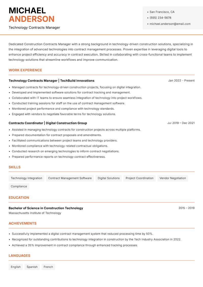 Construction Contracts Manager resume sample — Technology Contracts Manager focus