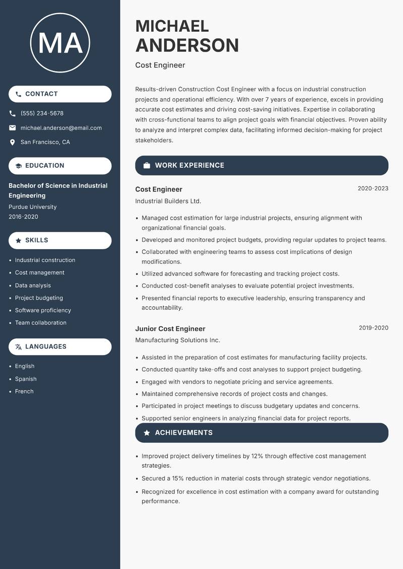 Construction Cost Engineer resume sample — Cost Engineer focus