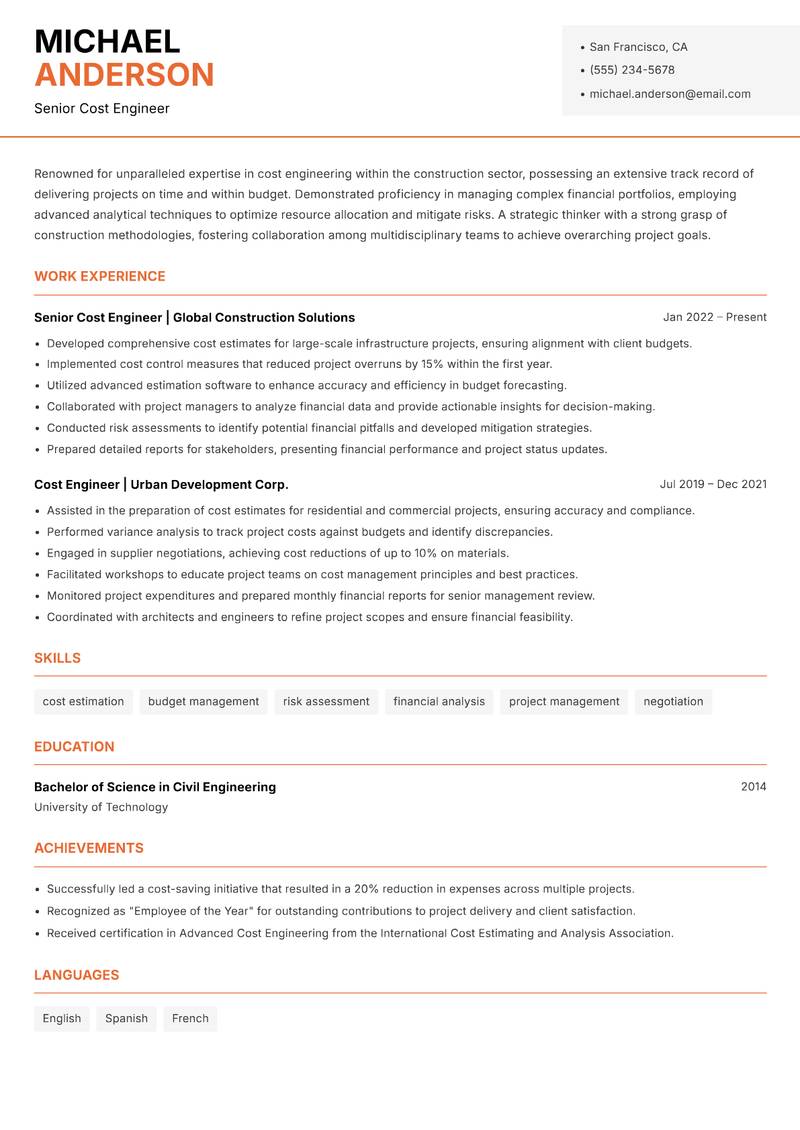 Construction Cost Engineer resume sample — Senior Cost Engineer focus