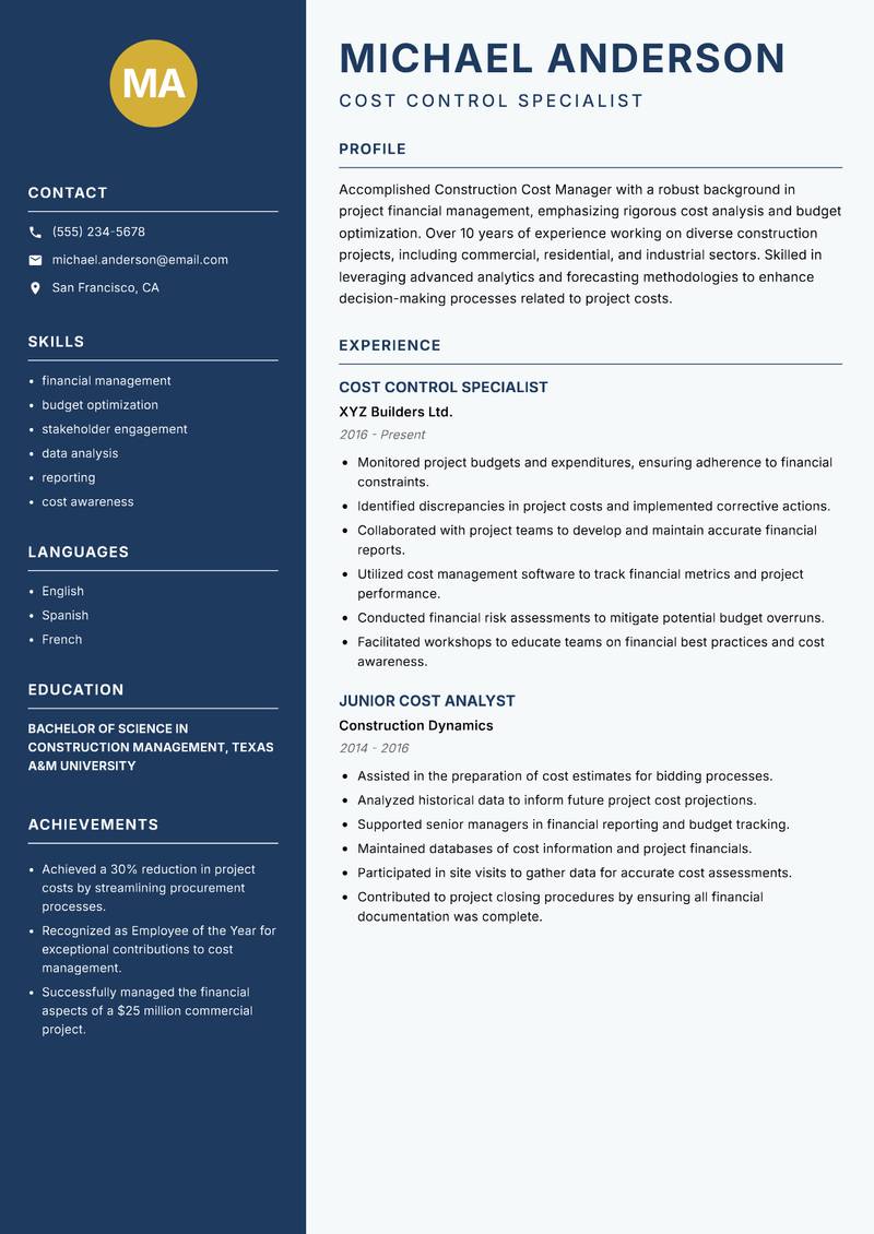 Construction Cost Manager resume sample — Cost Control Specialist focus