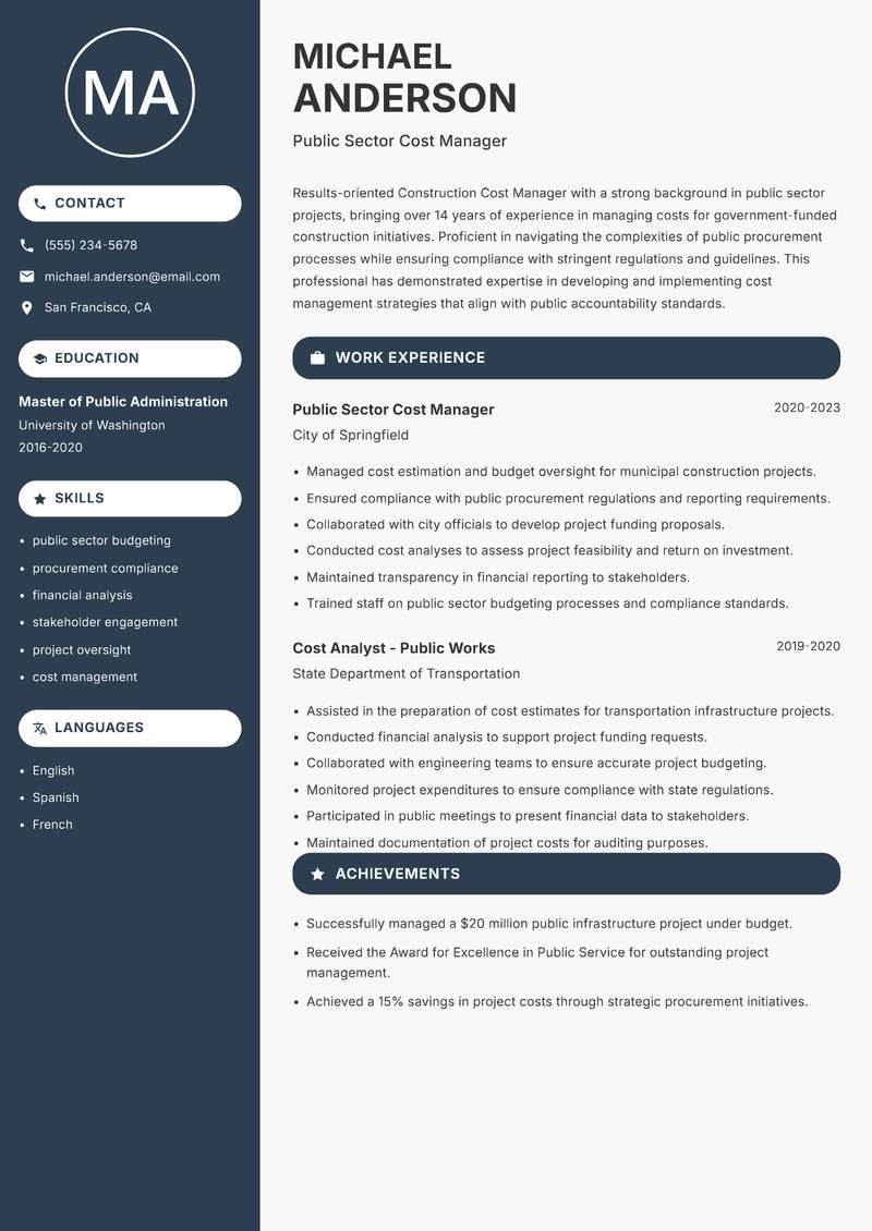 Construction Cost Manager resume sample — Public Sector Cost Manager focus