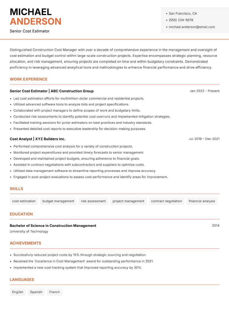 Construction Cost Manager resume sample — Senior Cost Estimator focus