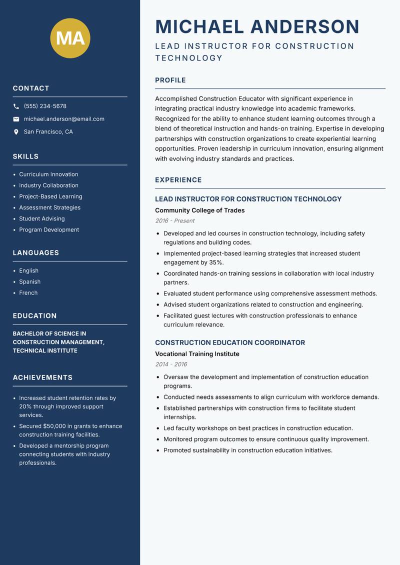 Construction Educator resume sample — Lead Instructor for Construction Technology focus