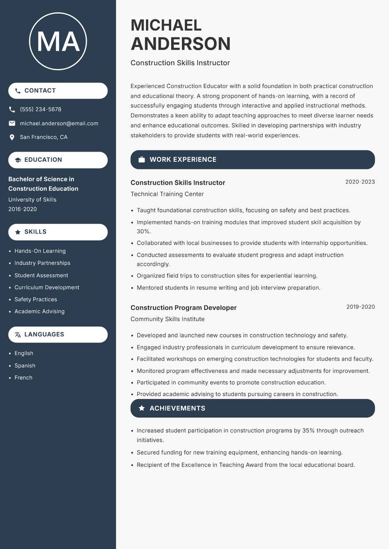 Construction Educator resume sample — Construction Skills Instructor focus