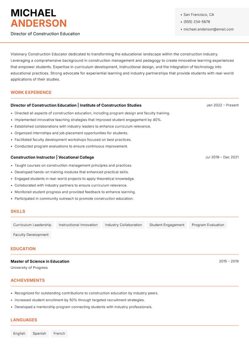 Construction Educator resume sample — Director of Construction Education focus