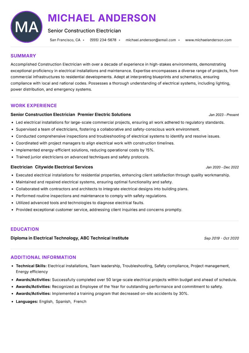 Construction Electrician resume example