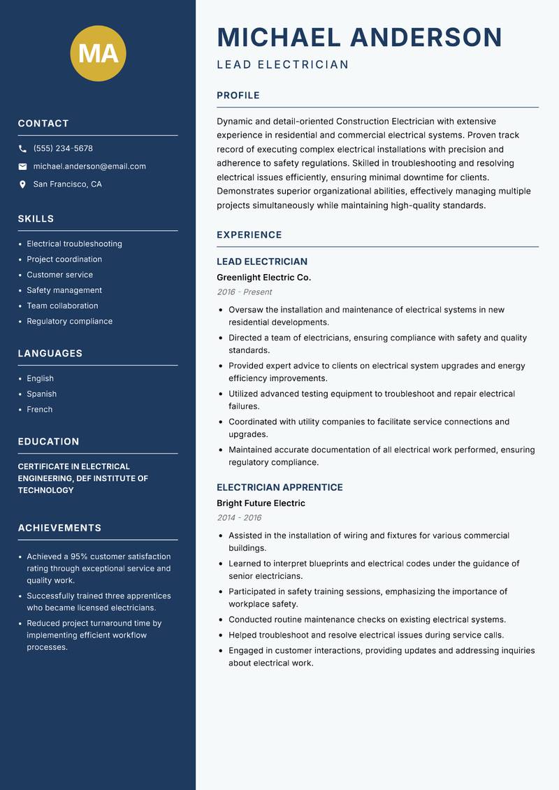 Construction Electrician resume sample — Lead Electrician focus