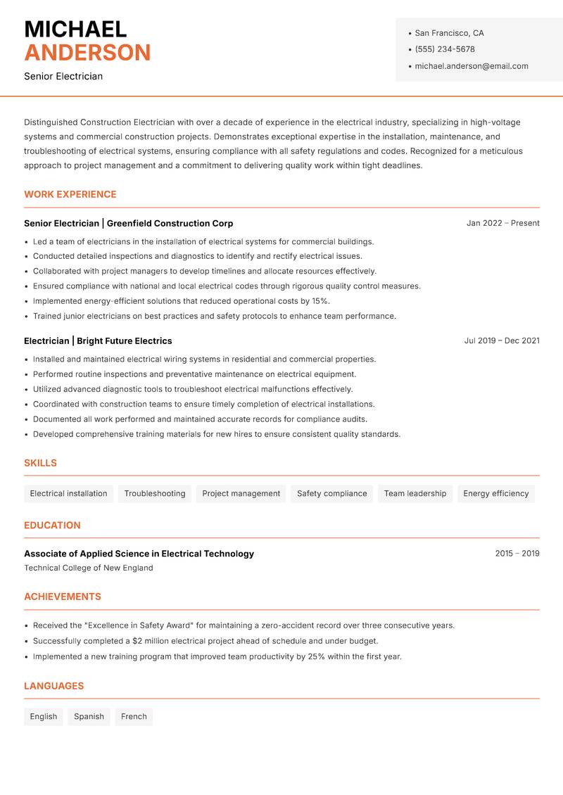Construction Electrician resume sample — Senior Electrician focus