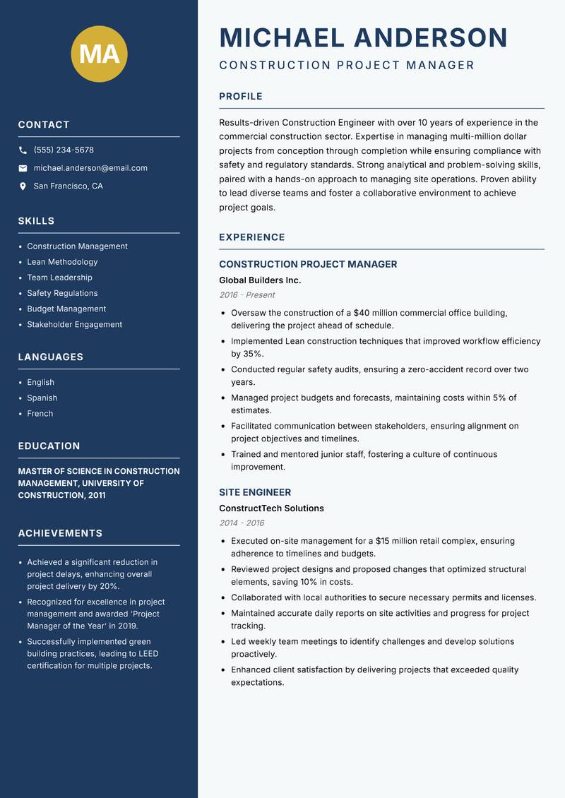 Construction Engineer resume sample — Construction Project Manager focus