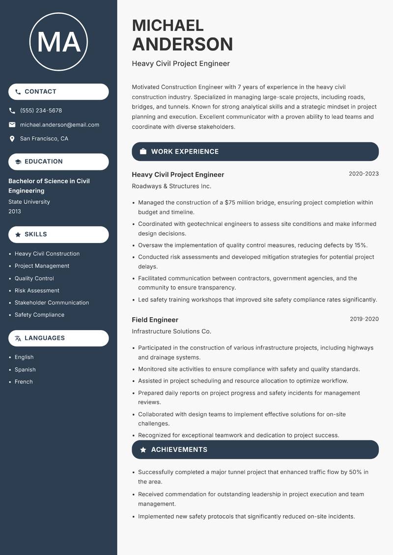 Construction Engineer resume sample — Heavy Civil Project Engineer focus